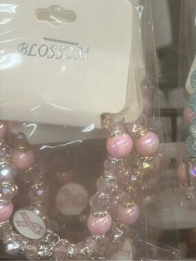 Pink Cancer Ribbon Beaded Charm Bracelet